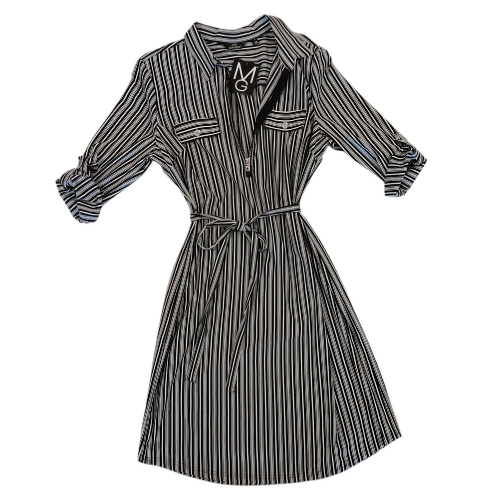 Mlle Gabrielle Dress Black White Striped Roll Tab Sleeve Zip Front New W/ Tag XL